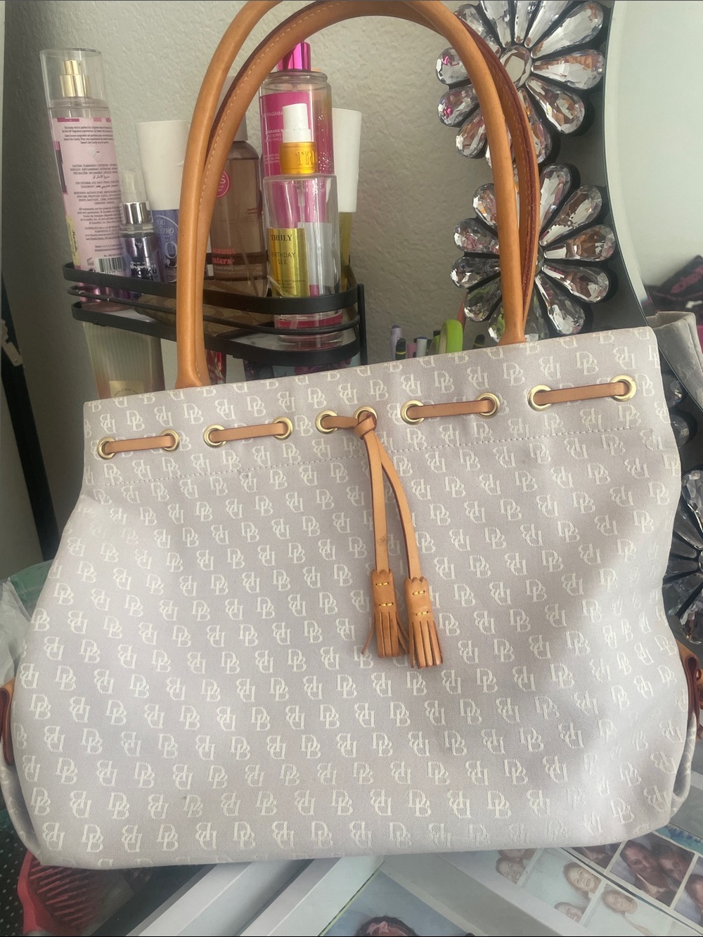Dooney & Bourke Beige Logo Tote with Tan Leather Handles